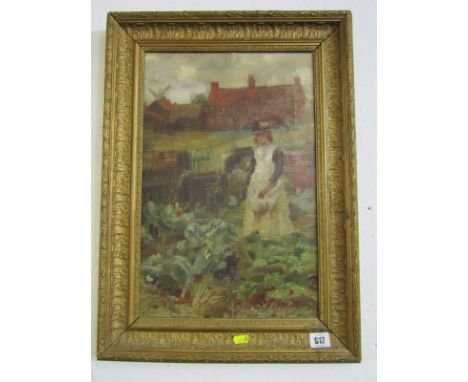 NEWLYN SCHOOL, oil on canvas "Young Lady working in cabbage patch", 17" x 11" 