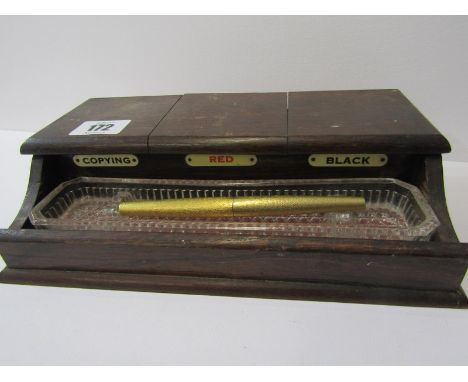 CRIBBAGE, collection of 4 scoring boards and 2 boxes of dominoes together with oak standish and pen 