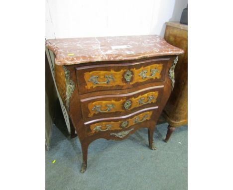 FRENCH MARQUETRY COMMODE, coloured marble top serpentine fronted, triple drawer, narrow commode with gilt metal mounts, 27" w