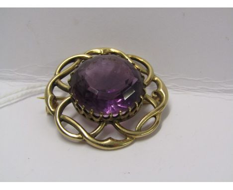 VINTAGE 9ct YELLOW GOLD AMETHYST SET BROOCH 