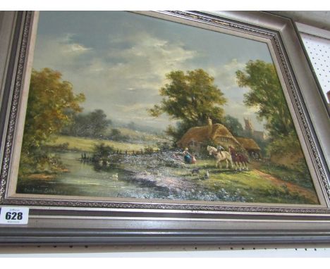 GUDRUN SIBBONS, signed oil painting on panel "Riverside Thatched Farmsted with Figures and Horses", 15.5" x 18" 
