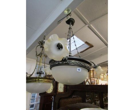 ANTIQUE LIGHTING,  brass triple branch hanging light fitting with frosted and cut glass dome and 3 crinoline shades 