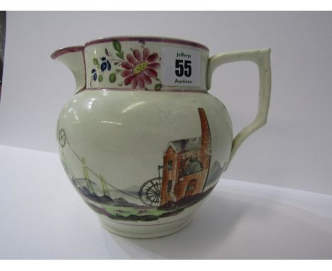 CORNISH MINING, 19th Century creamware jug decorated with engine house to one side and floral bouquet on reverse, 5" height 