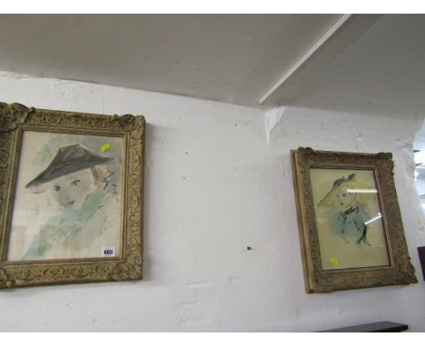 ELINOR BELLINGHAM SMITH, signed watercolour "Young Lady in Black Hat", 12" x 9", together with 1 similar portrait 