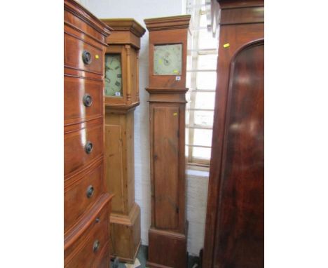 ANTIQUE LONG CASE CLOCK, small square faced with alarm dial in crude pine casing 