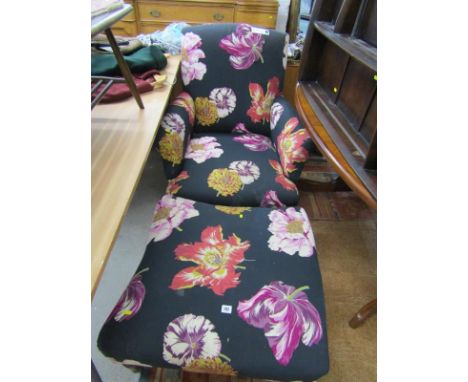EDWARDIAN ARMCHAIR &amp; FOOT STOOL, floral upholstered vintage armchair with matching square foot stool 