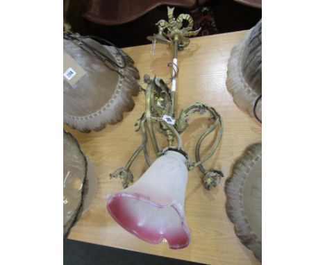 LIGHTING, ornate brass triple branch foliate and ribbon design hanging light fitting, with 1 splatter glass shade 