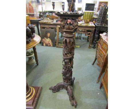 ORIENTAL TORCHERE, carved dragon entwined column, square top torchere on tripod base, 47" height 