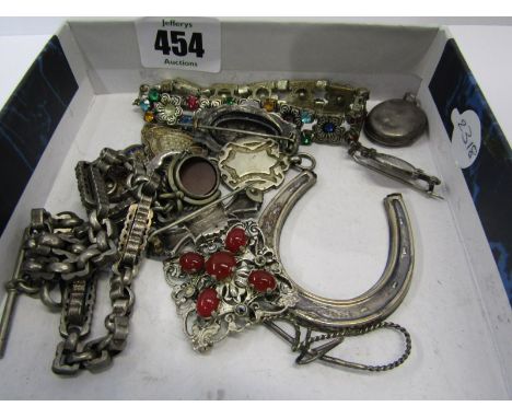 SILVER &amp; WHITE METAL ITEMS, including silver fancy link Albert chain with fob, white metal horseshoe &amp; whip, white me