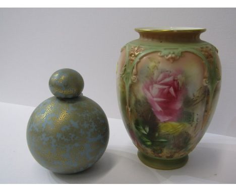ROYAL WORCESTER, gilt blue ground spherical perfume flask; together with Hadley's Worcester rose painted 5.5" vase (base shat