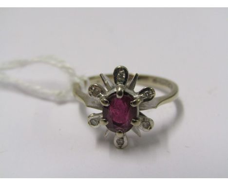 18ct 2 TONE YELLOW &amp; WHITE GOLD RUBY &amp; PLATINUM CLUSTER RING, cluster in the form of a starburst, principal oval cut 