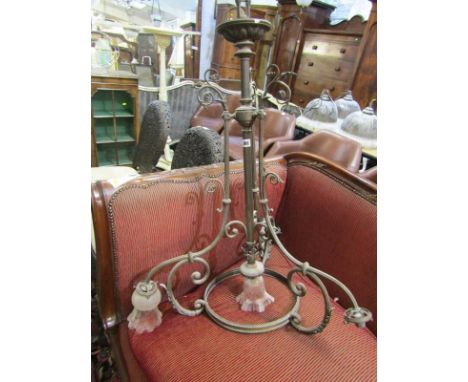 LIGHTING, Victorian design triple branch brass hanging light fitting with 2 crinoline edge shades 