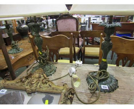 LIGHTING, pair of antique finish metalware candlestick base table lamps and shades 