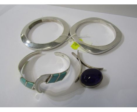 SILVER BANGLES, pair of retro silver bangles, a silver and turquoise enamel bangle together with an amethyst style pendant