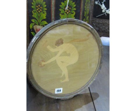 ART DECO, circular framed marquetry panel of exotic female dancer by W. A. Chase, 11" diameter 