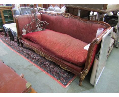 FRENCH CARVED SCROLL END SETTEE, ornate carved mahogany scroll end settee with shell and foliate relief decoration 