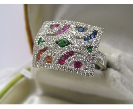 14ct WHITE GOLD DIAMOND, SAPPHIRE, RUBY, CITRINE &amp; GREEN GARNET COCKTAIL RING, very unusual design, total gem weight well