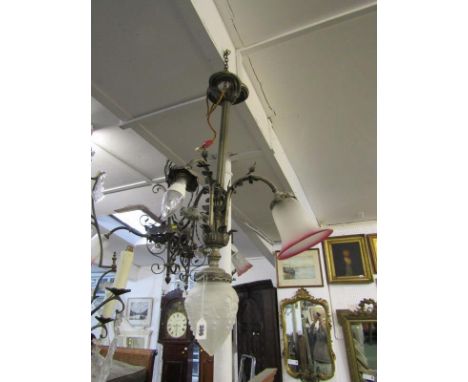 LIGHTING, triple branch brass light fitting with frosted glass terminal shade and 1 rose tinted splayed glass shade 