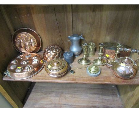 METALWARE, embossed copper moulds, pewter cylindrical tobacco jar, graduated weights and shelf of metal ware 