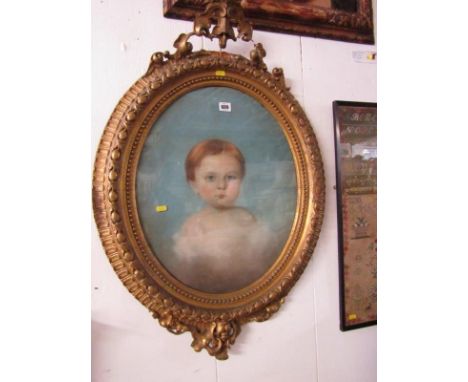 VICTORIAN PORTRAIT, oval gilt framed pastel "Portrait of Young Girl", 20" x 16" 