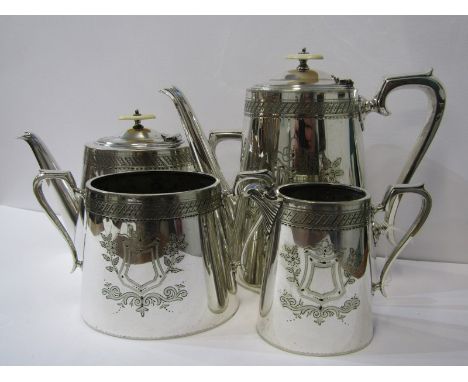 SILVER PLATE, Victorian 4 piece oval bodied tea and coffee service with floral engraved decoration 