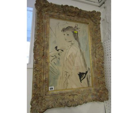 ELINOR BELLINGHAM SMITH, watercolour "Portrait of Young Lady in Red Striped Coat", 19" x 12" 