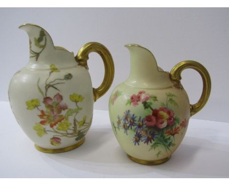 ROYAL WORCESTER, peach ground gilt handled floral decorated cream jug, model no 1094 and similar gilt handled jug with ivory 