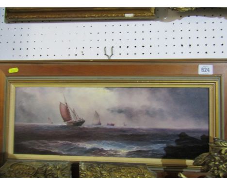 R. HARD, signed oil on board "Sailing Boats entering Storm", 6" x 17" 