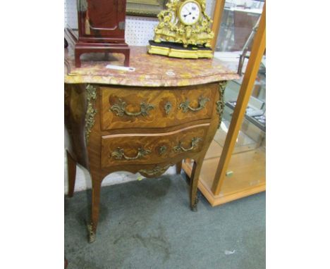 FRENCH MARQUETRY COMMODE, coloured marble top, serpentine fronted 2 drawer commode, applied gilt metal mounts and handles to 