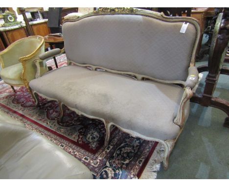 FRENCH DESIGN SETTEE, a carved gilt wood and painted triple seater settee with foliate and shell carved cresting and cabriole