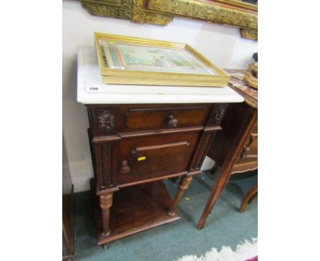 FRENCH MARBLE TOPPED BEDSIDE CABINET, walnut cupboard and drawer base on open shelf with tapering fluted legs and white marbl