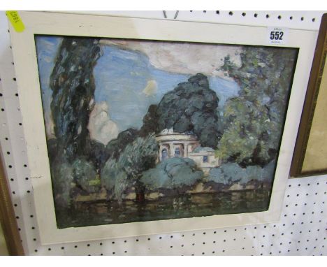 L. HUTTON, signed oil on board "Riverside Temple", 10" x 13" 