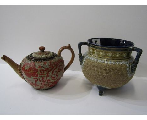 DOULTON STONEWARE, triple handled cauldron bowl with vortex design; together with Doulton &amp; Slaters lace impressed teapot