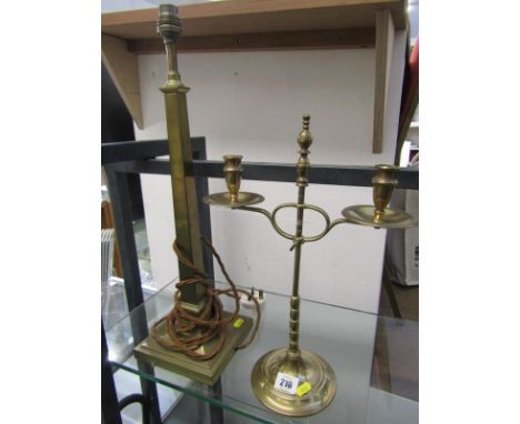 LIGHTING, brass twin branch adjustable table top candlestick; together with brass square base column table light 