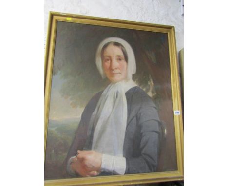 ANTIQUE PORTRAIT, oil on canvas "Portrait of a Lady with white head dress and scarf", 29" x 24" 