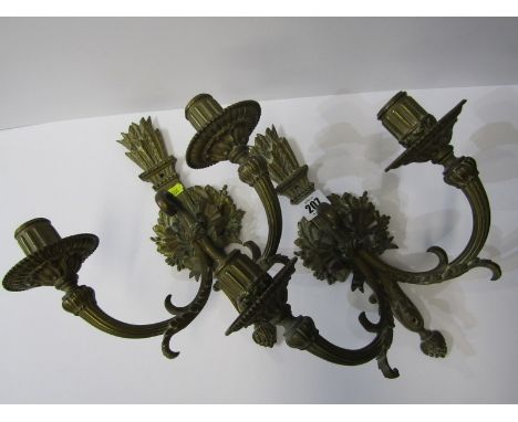 LIGHTING, pair of brass neo-classical design twin branch light fittings 