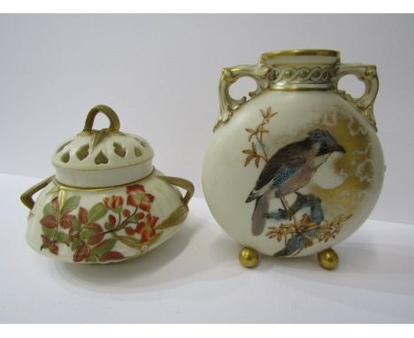 ROYAL WORCESTER, aesthetics design bird decorated twin handled vase, 5" height; also Royal Worcester ivory bodied pot pourri 