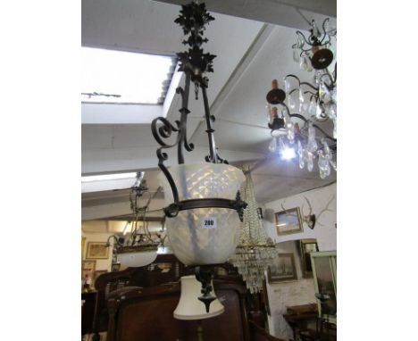 LIGHTING, vaseline glass shade, brass mounted hanging light fitting of Edwardian design (shade af) 