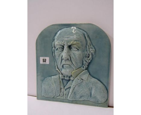 GLADSTONE, Blue glazed portrait plaque "W. Glass made 1898" 10" height 