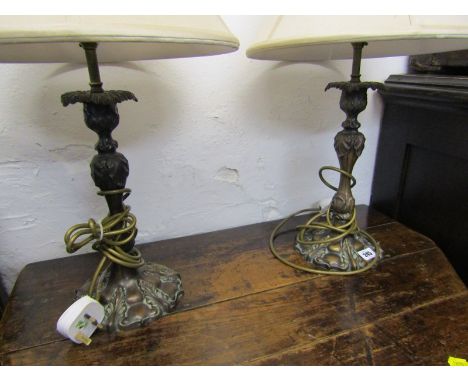 LIGHTING, antique finish, pair of metal candlestick base table lamps and shades 