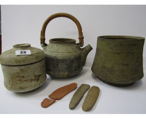 STUDIO POTTERY, Ian Godfrey, glaze lidded jar, teapot base &amp; vase 