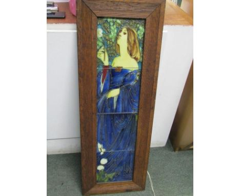 ART NOUVEAU, a tiled picture panel "portrait of young lady in blue dress" in style of Minton comprising of 4 tiles in oak fra