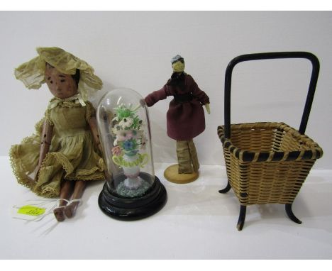 TOYS, early jointed peg doll, spun glass floral display under dome a/f, wicker basket and 1 other miniature doll 