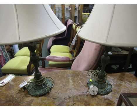LIGHTING, pair of antique design candlestick base table lamps with shades 