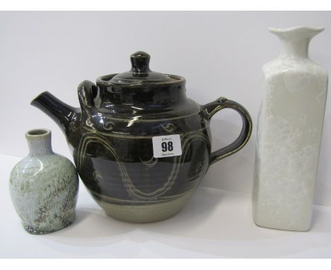 STUDIO POTTERY, a large stoneware spherical teapot, also stoneware slip glazed specimen vase and oriental square section vase