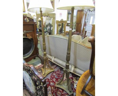 ANTIQUE LIGHTING, pair of gilt wood tripod base fluted column standard lamps and shades 