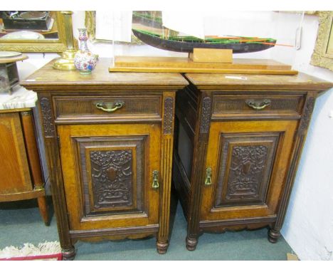 VICTORIAN POLLARDED OAK CABINETS, pair of carved panel cupboard base narrow cabinets, Arts &amp; Crafts design brass drop han
