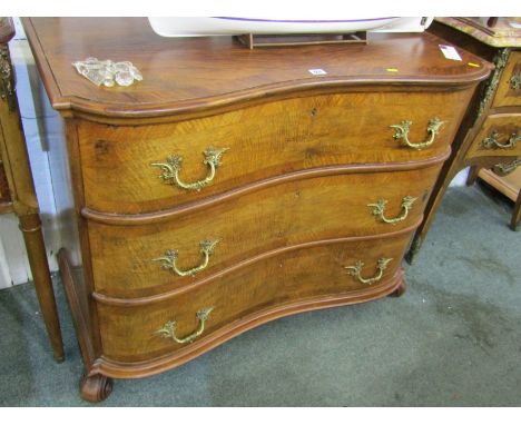 CONTINENTAL WALNUT COMMODE, cross banded walnut triple drawer chest, with gilt brass foliate handles and scroll feet, 39" wid