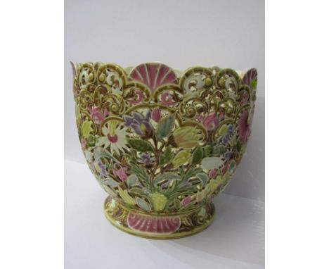 ZSOLNAY, an attractive pierced and gilt floral design jardiniere, model no 3835, 10" height 