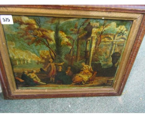 GEORGIAN REVERSE GLASS PRINT, "Painting" in early frame, 10" x 14" 